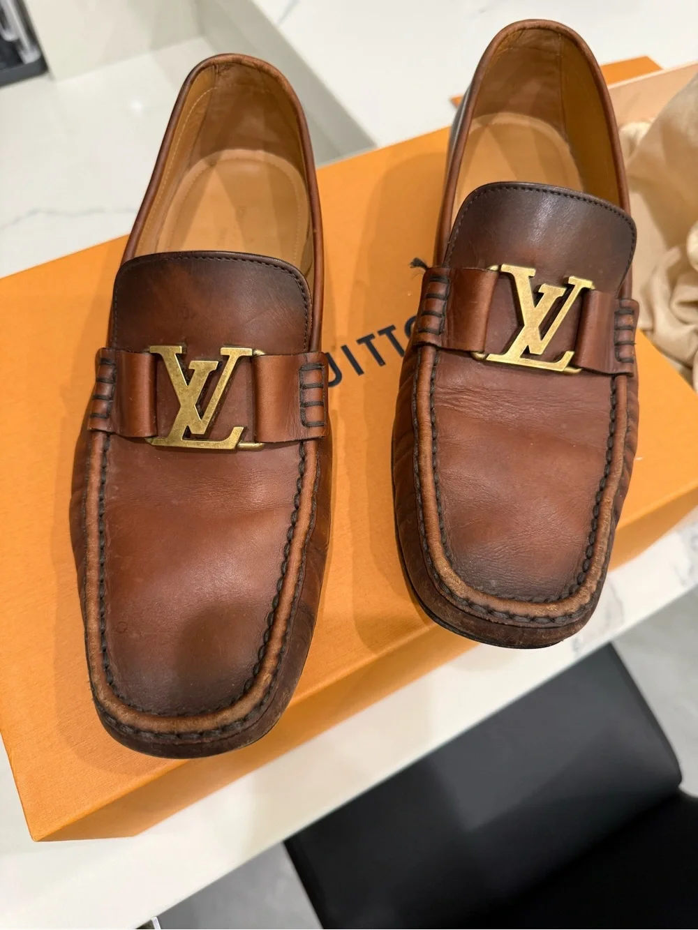 Louis Vuitton Montaigne Brown Leather LV Logo Loafers Authentic Box & Receipt